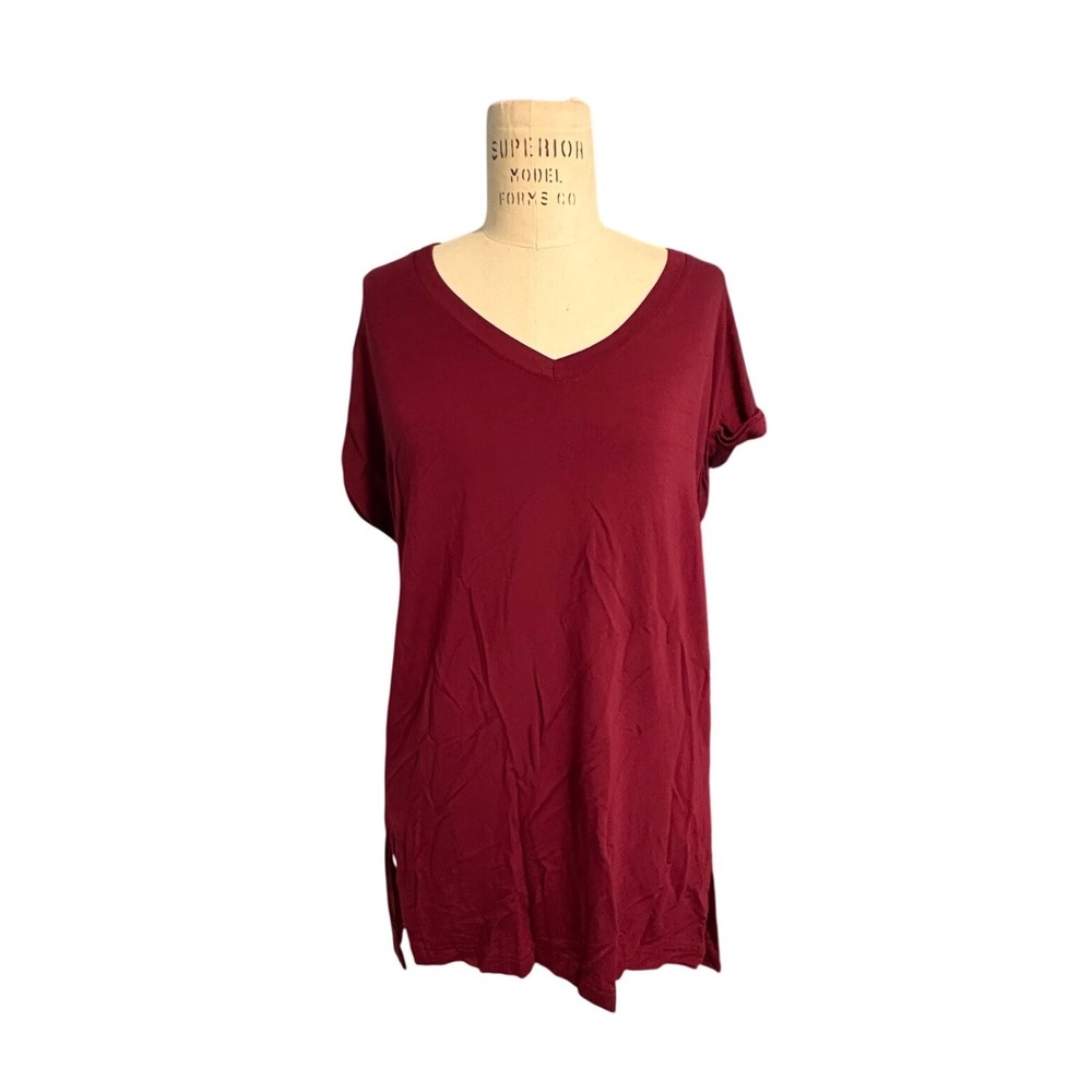 Ellison Women Burgundy V-Neck Rolled Sleeve High-Low Tunic Top Boho Casual Small